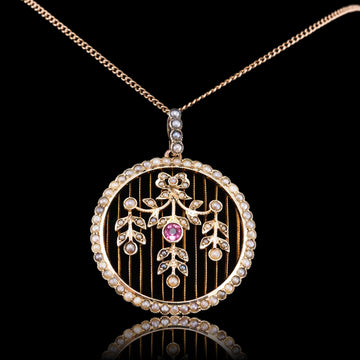 Pendentif Art Nouveau En Or 14k – Tourmaline Rose Et Perle – Style Belle Époque