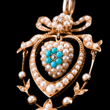 Load image into Gallery viewer, Antique Edwardian 15ct Gold Turquoise, Diamond &amp; Seed Pearl Pendant Necklace - c.1910
