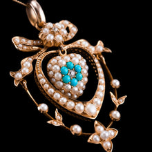 Load image into Gallery viewer, Antique Edwardian 15ct Gold Turquoise, Diamond &amp; Seed Pearl Pendant Necklace - c.1910
