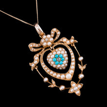 Load image into Gallery viewer, Antique Edwardian 15ct Gold Turquoise, Diamond &amp; Seed Pearl Pendant Necklace - c.1910
