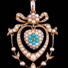 Load image into Gallery viewer, Antique Edwardian 15ct Gold Turquoise, Diamond &amp; Seed Pearl Pendant Necklace - c.1910
