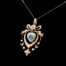 Load image into Gallery viewer, Antique Edwardian 15ct Gold Turquoise, Diamond &amp; Seed Pearl Pendant Necklace - c.1910
