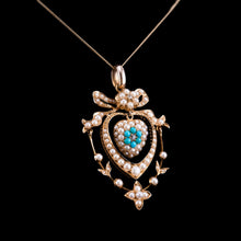 Load image into Gallery viewer, Antique Edwardian 15ct Gold Turquoise, Diamond &amp; Seed Pearl Pendant Necklace - c.1910
