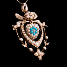 Load image into Gallery viewer, Antique Edwardian 15ct Gold Turquoise, Diamond &amp; Seed Pearl Pendant Necklace - c.1910

