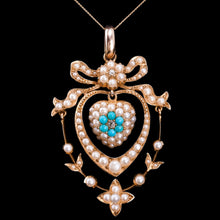 Load image into Gallery viewer, Antique Edwardian 15ct Gold Turquoise, Diamond &amp; Seed Pearl Pendant Necklace - c.1910
