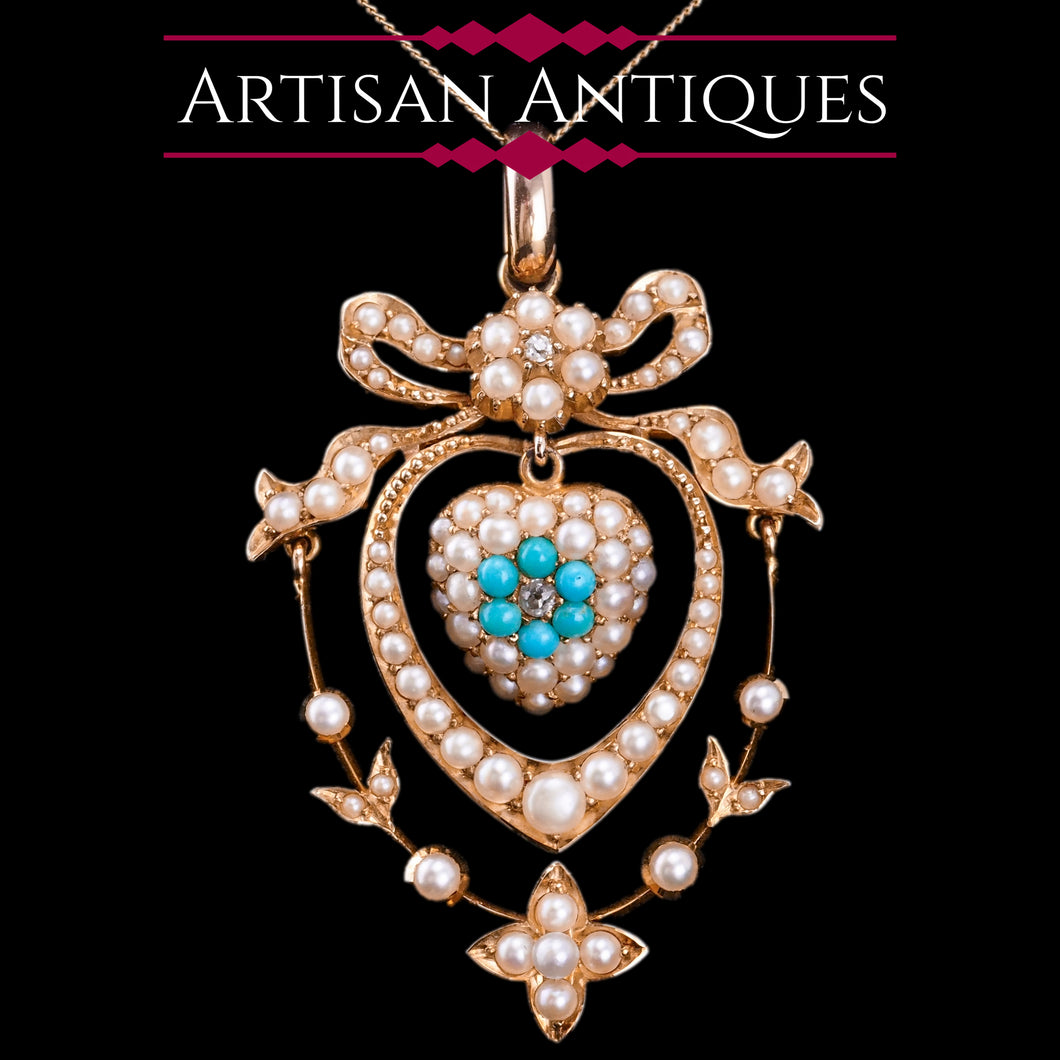 Antique Edwardian 15ct Gold Turquoise, Diamond & Seed Pearl Pendant Necklace - c.1910