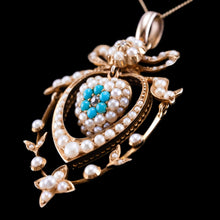 Load image into Gallery viewer, Antique Edwardian 15ct Gold Turquoise, Diamond &amp; Seed Pearl Pendant Necklace - c.1910
