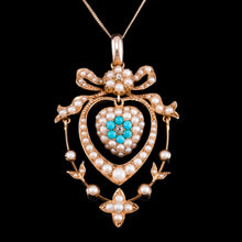 Load image into Gallery viewer, Antique Edwardian 15ct Gold Turquoise, Diamond &amp; Seed Pearl Pendant Necklace - c.1910
