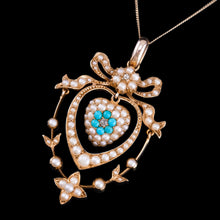 Load image into Gallery viewer, Antique Edwardian 15ct Gold Turquoise, Diamond &amp; Seed Pearl Pendant Necklace - c.1910
