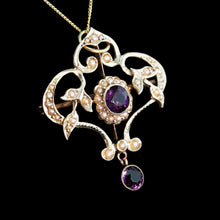 Load image into Gallery viewer, Antique Edwardian 9ct Gold Seed Pearl and Purple Amethyst-Coloured Paste Pendant Necklace - c.1910
