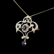 Load image into Gallery viewer, Antique Edwardian 9ct Gold Seed Pearl and Purple Amethyst-Coloured Paste Pendant Necklace - c.1910
