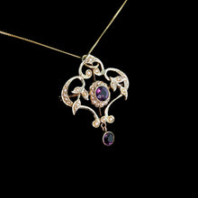 Load image into Gallery viewer, Antique Edwardian 9ct Gold Seed Pearl and Purple Amethyst-Coloured Paste Pendant Necklace - c.1910
