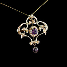 Load image into Gallery viewer, Antique Edwardian 9ct Gold Seed Pearl and Purple Amethyst-Coloured Paste Pendant Necklace - c.1910
