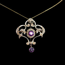 Load image into Gallery viewer, Antique Edwardian 9ct Gold Seed Pearl and Purple Amethyst-Coloured Paste Pendant Necklace - c.1910
