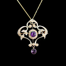 Load image into Gallery viewer, Antique Edwardian 9ct Gold Seed Pearl and Purple Amethyst-Coloured Paste Pendant Necklace - c.1910
