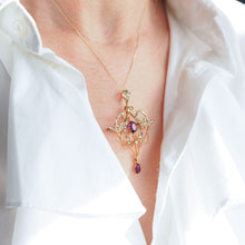 Load image into Gallery viewer, Antique Edwardian Amethyst &amp; Seed Pearl 9ct Gold Art Nouveau Pendant Necklace - c.1905
