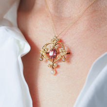 Load image into Gallery viewer, Antique Edwardian Pink Tourmaline &amp; Seed Pearl 15ct Gold Pendant Necklace - c.1910
