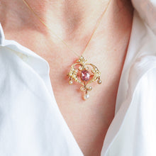 Load image into Gallery viewer, Antique Edwardian Pink Tourmaline &amp; Seed Pearl 15ct Gold Pendant Necklace - c.1910
