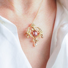 Load image into Gallery viewer, Antique Edwardian Pink Tourmaline &amp; Seed Pearl 15ct Gold Pendant Necklace - c.1910
