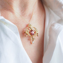 Load image into Gallery viewer, Antique Edwardian Pink Tourmaline &amp; Seed Pearl 15ct Gold Pendant Necklace - c.1910
