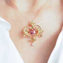 Load image into Gallery viewer, Antique Edwardian Pink Tourmaline &amp; Seed Pearl 15ct Gold Pendant Necklace - c.1910
