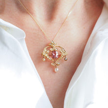 Load image into Gallery viewer, Antique Edwardian Pink Tourmaline &amp; Seed Pearl 15ct Gold Pendant Necklace - c.1910
