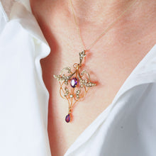 Load image into Gallery viewer, Antique Edwardian Amethyst &amp; Seed Pearl 9ct Gold Art Nouveau Pendant Necklace - c.1905
