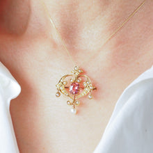 Load image into Gallery viewer, Antique Edwardian Pink Tourmaline &amp; Seed Pearl 15ct Gold Pendant Necklace - c.1910
