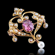 Load image into Gallery viewer, Antique Edwardian Pink Tourmaline &amp; Seed Pearl 15ct Gold Pendant Necklace - c.1910
