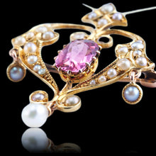 Load image into Gallery viewer, Antique Edwardian Pink Tourmaline &amp; Seed Pearl 15ct Gold Pendant Necklace - c.1910
