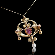 Load image into Gallery viewer, Antique Edwardian Pink Tourmaline &amp; Seed Pearl 15ct Gold Pendant Necklace - c.1910

