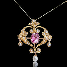 Load image into Gallery viewer, Antique Edwardian Pink Tourmaline &amp; Seed Pearl 15ct Gold Pendant Necklace - c.1910
