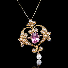 Load image into Gallery viewer, Antique Edwardian Pink Tourmaline &amp; Seed Pearl 15ct Gold Pendant Necklace - c.1910
