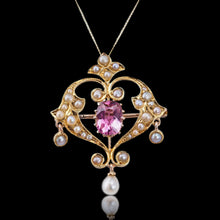Load image into Gallery viewer, Antique Edwardian Pink Tourmaline &amp; Seed Pearl 15ct Gold Pendant Necklace - c.1910

