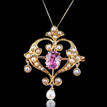 Load image into Gallery viewer, Antique Edwardian Pink Tourmaline &amp; Seed Pearl 15ct Gold Pendant Necklace - c.1910
