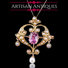 Load image into Gallery viewer, Antique Edwardian Pink Tourmaline &amp; Seed Pearl 15ct Gold Pendant Necklace - c.1910
