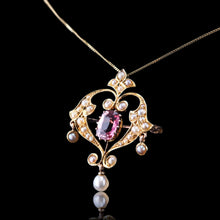 Load image into Gallery viewer, Antique Edwardian Pink Tourmaline &amp; Seed Pearl 15ct Gold Pendant Necklace - c.1910
