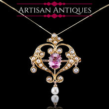 Load image into Gallery viewer, Antique Edwardian Pink Tourmaline &amp; Seed Pearl 15ct Gold Pendant Necklace - c.1910
