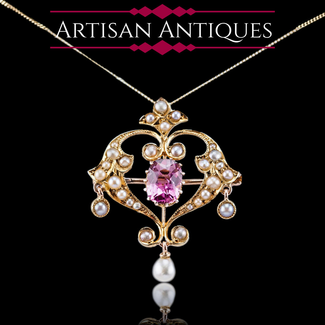 Antique Edwardian Pink Tourmaline & Seed Pearl 15ct Gold Pendant Necklace - c.1910