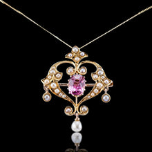 Load image into Gallery viewer, Antique Edwardian Pink Tourmaline &amp; Seed Pearl 15ct Gold Pendant Necklace - c.1910
