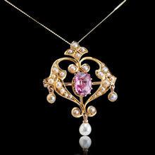 Load image into Gallery viewer, Antique Edwardian Pink Tourmaline &amp; Seed Pearl 15ct Gold Pendant Necklace - c.1910
