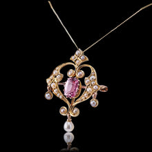 Load image into Gallery viewer, Antique Edwardian Pink Tourmaline &amp; Seed Pearl 15ct Gold Pendant Necklace - c.1910
