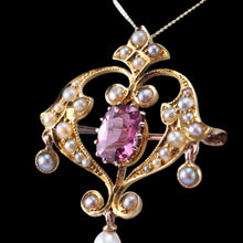 Load image into Gallery viewer, Antique Edwardian Pink Tourmaline &amp; Seed Pearl 15ct Gold Pendant Necklace - c.1910
