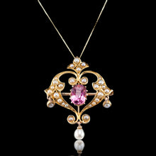 Load image into Gallery viewer, Antique Edwardian Pink Tourmaline &amp; Seed Pearl 15ct Gold Pendant Necklace - c.1910
