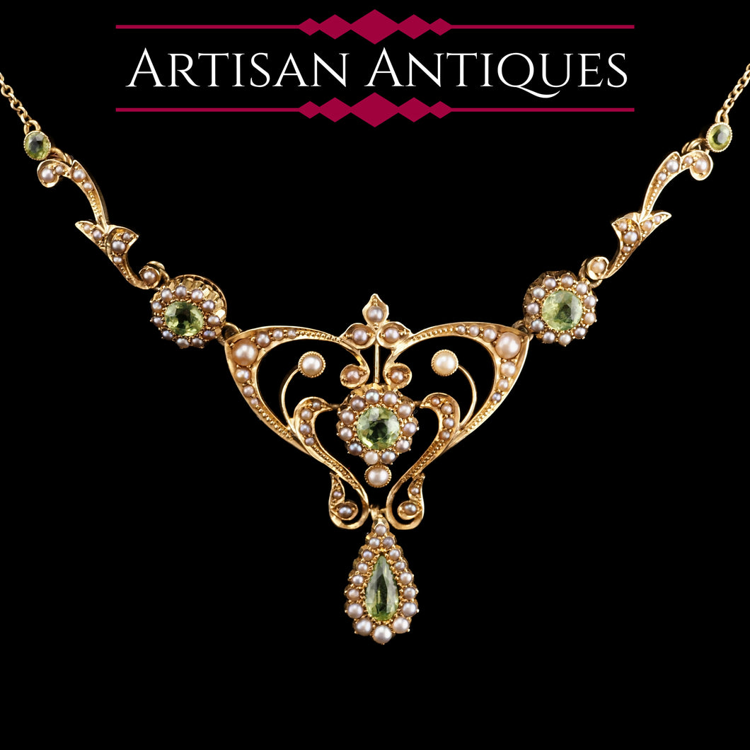 Antique 15ct Gold Peridot & Pearl Lavalier Necklace - Art Nouveau c.1900s