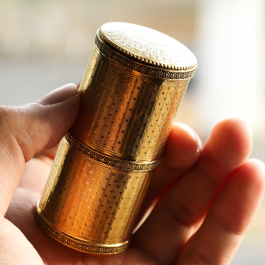 Antique French Solid Silver Gilt Box Cylindrical Etui, Engine Turned Guilloche Design - c.1890