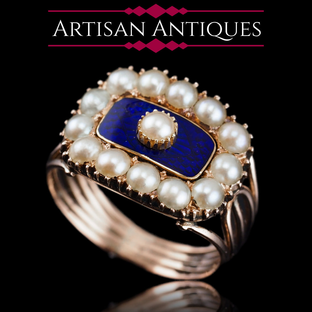 Antique Georgian Blue Enamel & Seed Pearl 14ct Gold Cluster Ring - c.1800