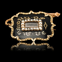 Load image into Gallery viewer, Antique Georgian 14ct Gold Mourning Brooch with Seed Pearls &amp; Black Enamel - c.1800
