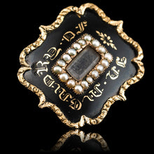 Load image into Gallery viewer, Antique Georgian 14ct Gold Mourning Brooch with Seed Pearls &amp; Black Enamel - c.1800
