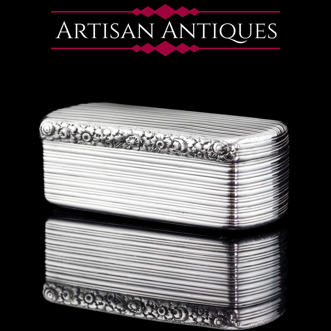 Antique Georgian Solid Silver Snuff Box Oblong Shape with Reeded Lines - Charles Rawlings 1818